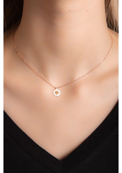 Papatya Mineli Rose Altın Kaplama Kadın Gümüş Kolye 925 Ayar