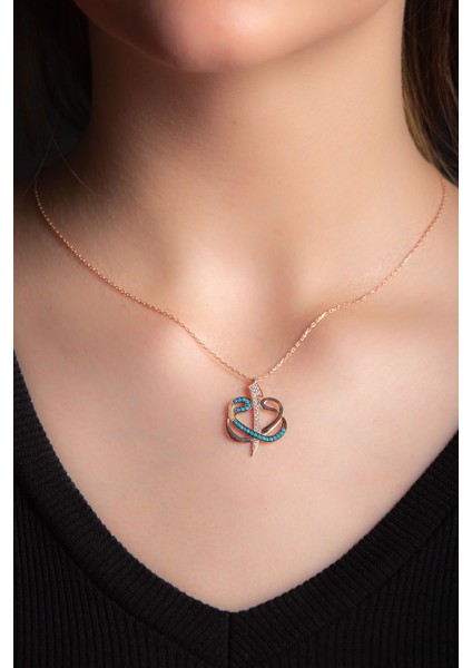 Mavi Beyaz Zirkon Taşlı Vav Elif Kadın Gümüş Kolye 925 Ayar