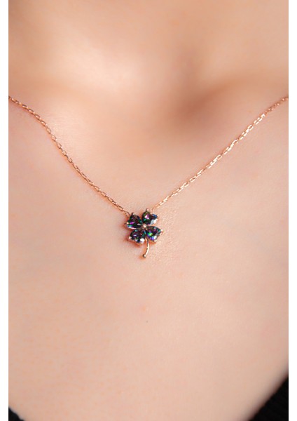 Mistik Kuvars Taşlı Yonca Motifli Rose Gümüş Altın Kaplama Kadın Gümüş Kolye 925 Ayar fiyatları