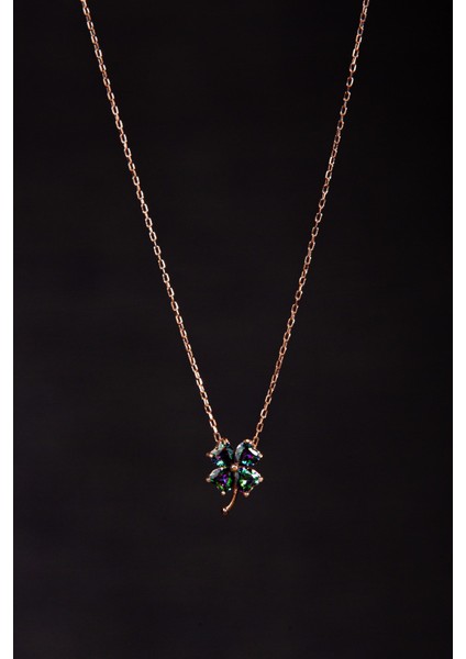 Mistik Kuvars Taşlı Yonca Motifli Rose Gümüş Altın Kaplama Kadın Gümüş Kolye 925 Ayar fırsatları