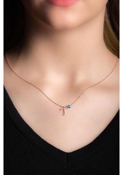 Beyaz Zirkon Taşlı T Harf Kolye Rose Gümüş Altın Kaplama Kadın Gümüş Kolye 925 Ayar