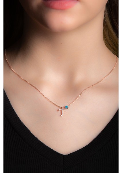 Beyaz Zirkon Taşlı T Harf Kolye Rose Gümüş Altın Kaplama Kadın Gümüş Kolye 925 Ayar fiyatları