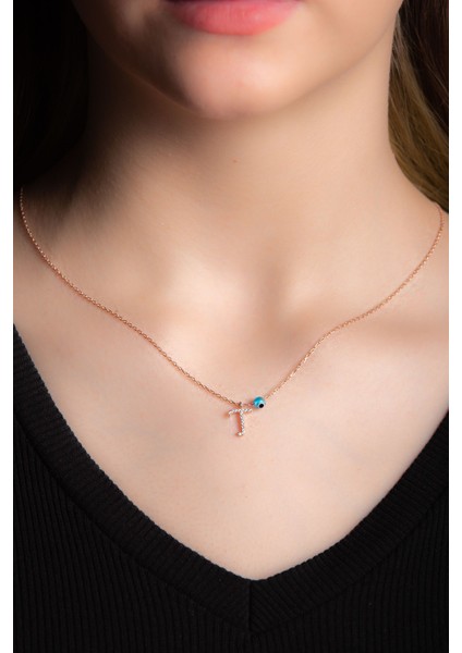 Beyaz Zirkon Taşlı T Harf Kolye Rose Gümüş Altın Kaplama Kadın Gümüş Kolye 925 Ayar modelleri