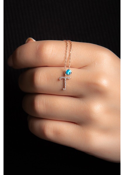 Beyaz Zirkon Taşlı T Harf Kolye Rose Gümüş Altın Kaplama Kadın Gümüş Kolye 925 Ayar indirimleri