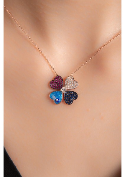 Renkli Zirkon Taşlı Rose Altın Kaplama Yonca Gümüş Kadın Kolye 925 Ayar fiyatları