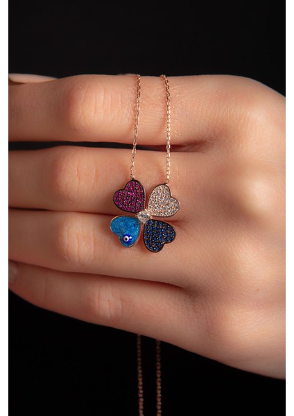 Renkli Zirkon Taşlı Rose Altın Kaplama Yonca Gümüş Kadın Kolye 925 Ayar modelleri