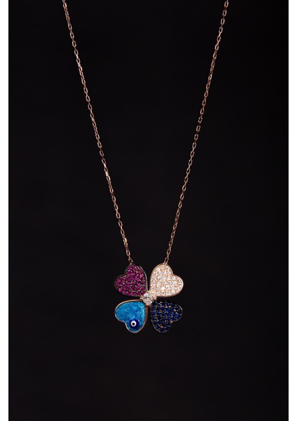 Renkli Zirkon Taşlı Rose Altın Kaplama Yonca Gümüş Kadın Kolye 925 Ayar fırsatları