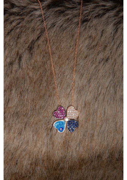 Renkli Zirkon Taşlı Rose Altın Kaplama Yonca Gümüş Kadın Kolye 925 Ayar indirimleri