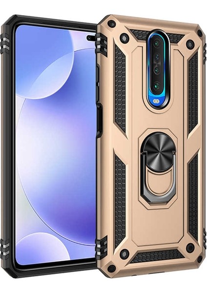 Xiaomi Poco X2 Kılıf Vega Standlı Yüzüklü Mıknatıslı+Nano Glass Gold