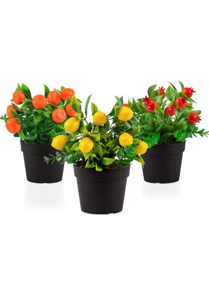 3’lü Set Siyah Mini Plastik Saksıda Yapay Mandalina, Limon ve Nar Çiçeği