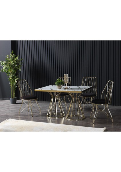 Eliza 4 Kişilik Beyaz Mermerli Mutfak Masası Takımı-Gold Baklava 80X120 cm