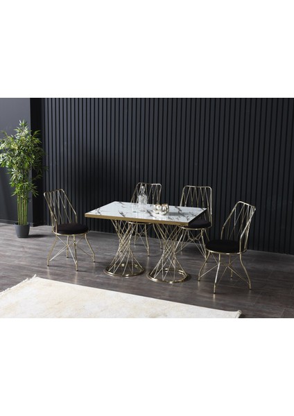 Elegant 4 Kişilik Beyaz Mermerli Mutfak Masası Takımı-Gold Baklava 80X120 cm