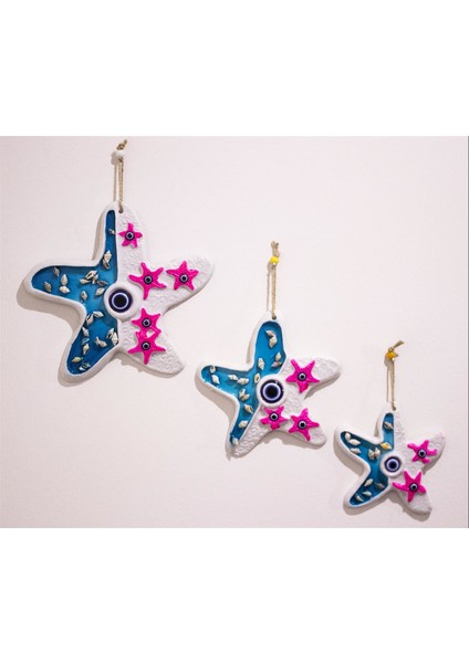 Üçlü Deniz Yıldızı Deniz Kabuklu Nazar Boncuklu Duvar Süsü Bahçe Süsü Balkon Süsü Ev Dekor