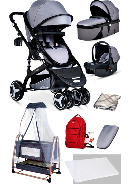 8'in1 Yeni Doğan Set Baby Home 945 Travel Sistem Bebek Arabası ve 505 Bebek Sepeti Anne Yanı Beşik