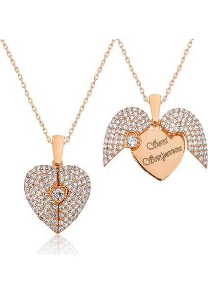 Isim Yazılan Açılır Kanatlı Gümüş Kalpli Kolye