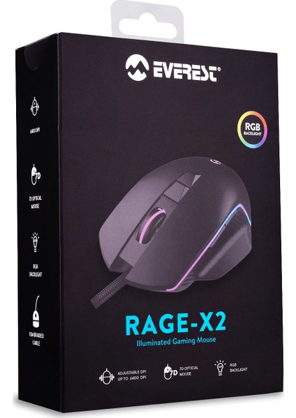 RAGE-X2 Usb Siyah 800/1600/3200/4800/6400 dpi Gaming Oyuncu Mouse