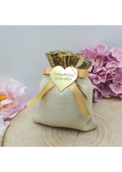 30 Adet Natural Renk Üstü Altın Renk Lavanta Kesesi Nikah Şekeri