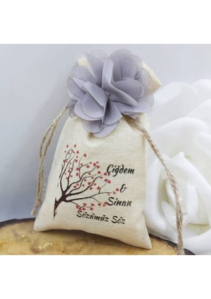 30 Adet Lazer Çiçek Süslü Kişiye Özel Baskılı Keten Kese Kalp Ağaç Modeli Nikah Söz Nişan Si Şekeri