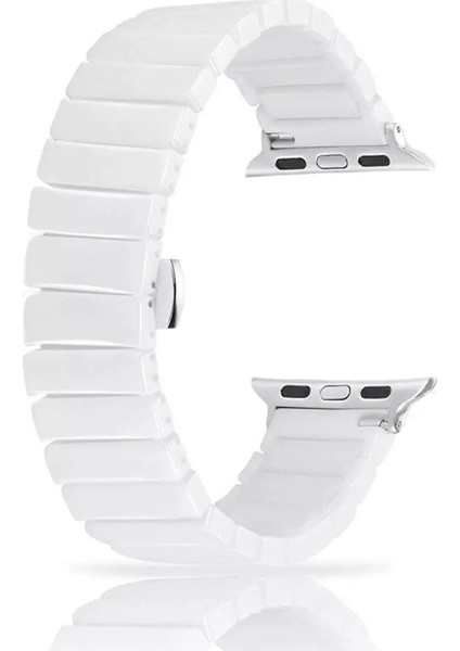 Apple Watch Uyumlu 4 5 42mm Kordon Parlak Seramik Kaplama Yatay Görünüm Yandan Çıtçıt Beyaz
