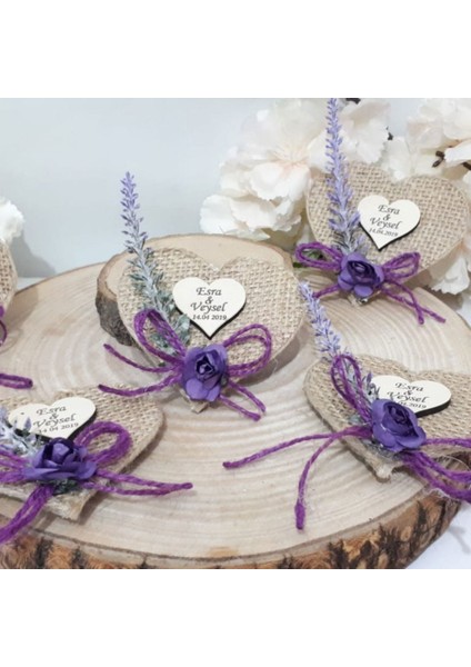 30 Adet Lavanta Süslü Hasır Kalp Magnet Nikah Şekeri