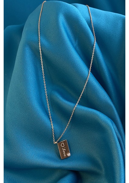 Love Tek Taşlı Zarf Model Rose Gold Kaplama Kolye