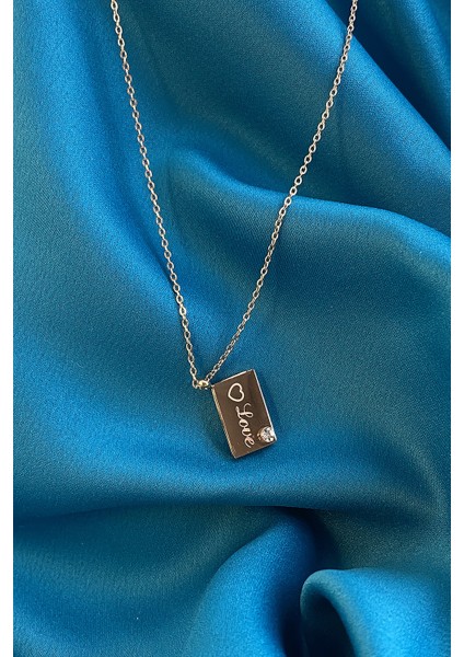 Love Tek Taşlı Zarf Model Rose Gold Kaplama Kolye