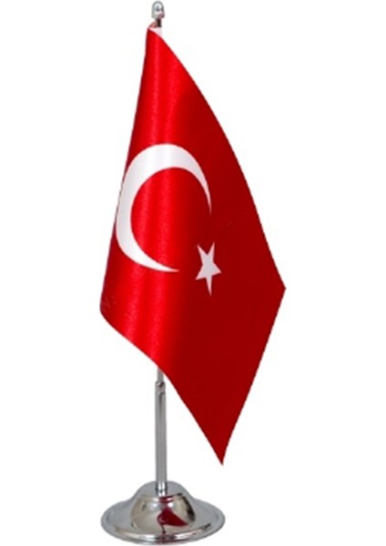 Türk Masa Bayrağı 15x22,5 cm Tekli Direkli Kırmızı Çiftkat Saten Kumaş