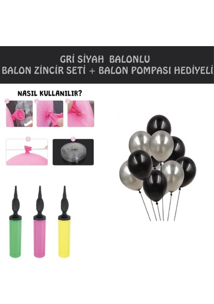 Siyah Gri Balon Zinciri Set+Balon Pompası Hediyeli 100 Lü