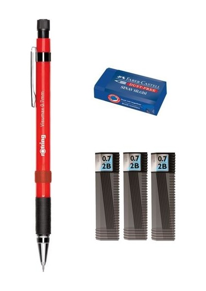 Visumax Versatil 0.7 mm Kırmızı + Tombow Uç 3'lü + Faber-Castell Silgi Tekli