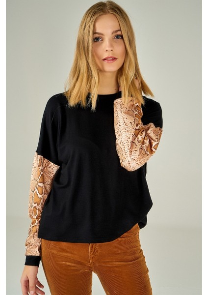 Kadın Kolu Yılan Derisi Desenli Taba Sweatshirt