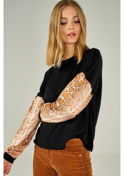 Kadın Kolu Yılan Derisi Desenli Taba Sweatshirt
