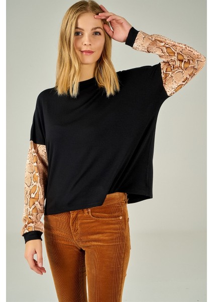 Kadın Kolu Yılan Derisi Desenli Taba Sweatshirt