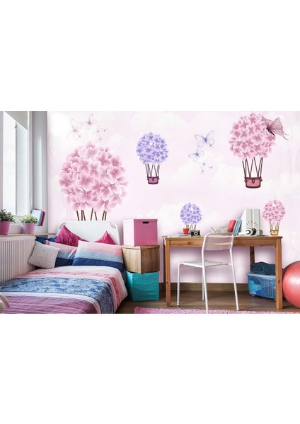 Pembe Çiçekli Balonlar Çocuk Odası Duvar Kağıdı