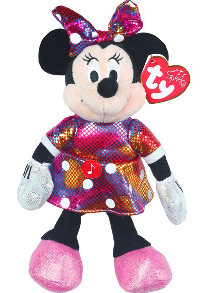 Parlak Gökkuşağı Elbiseli Minnie Mouse Sesli Peluş 15 cm