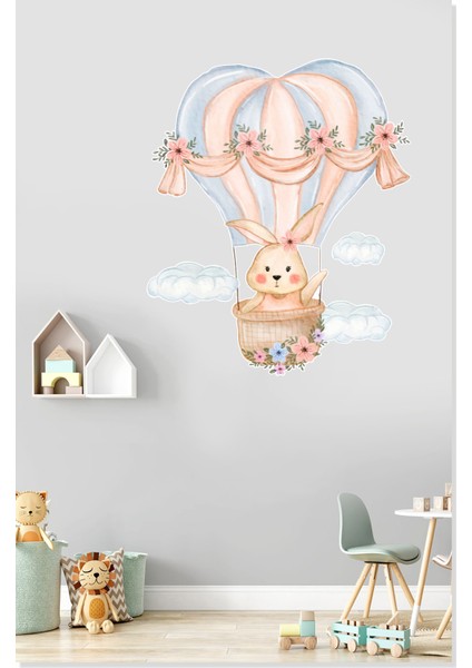 Bulutlar ve Uçan Balonda Sevimli Peluş Tavşan Çocuk Odası Sticker