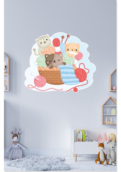 Sevimli Kediler ve Örgü Yumakları Çocuk Odası Dekoratif Duvar Sticker