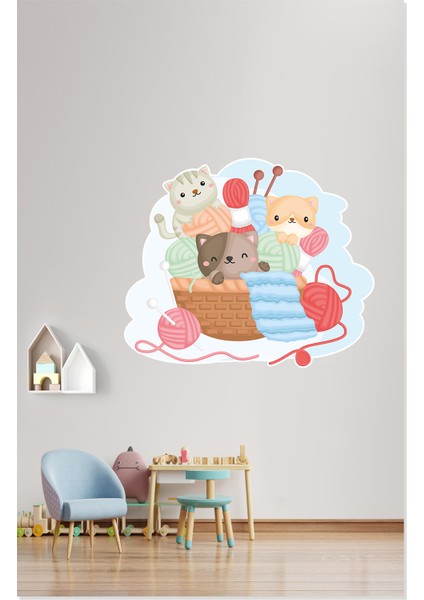 Sevimli Kediler ve Örgü Yumakları Çocuk Odası Dekoratif Duvar Sticker modelleri