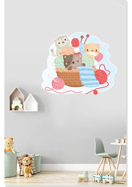 Sevimli Kediler ve Örgü Yumakları Çocuk Odası Dekoratif Duvar Sticker fırsatları
