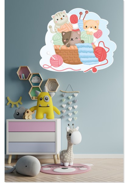 Sevimli Kediler ve Örgü Yumakları Çocuk Odası Dekoratif Duvar Sticker indirimleri