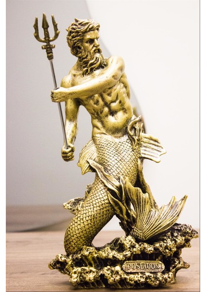 Poseidon Biblo Gold 30 cm Tasarım Mitolojik Heykel Ev Dekor