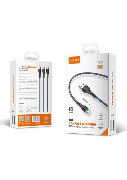 Ldnıo 2.4A USB Veri Kablosu 2 m Lightning-LS522