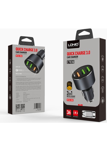Ldnıo Hızlı Araç Şarj Cihazı 36W Type C-C703Q