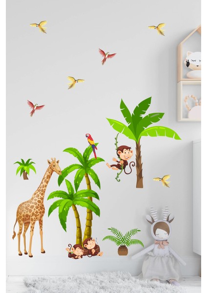 Zürafa,maymun,palmiye Ağacı Safari Çocuk Bebek Odası Duvar Sticker