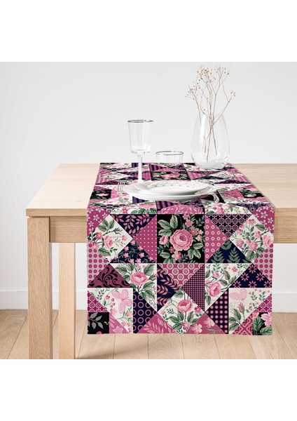 Mürdüm Renk Patchwork Desenli Dekoratif Süet Runner