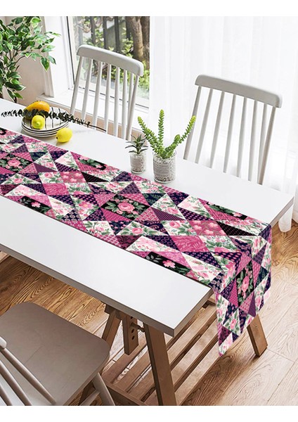 Mürdüm Renk Patchwork Desenli Dekoratif Süet Runner