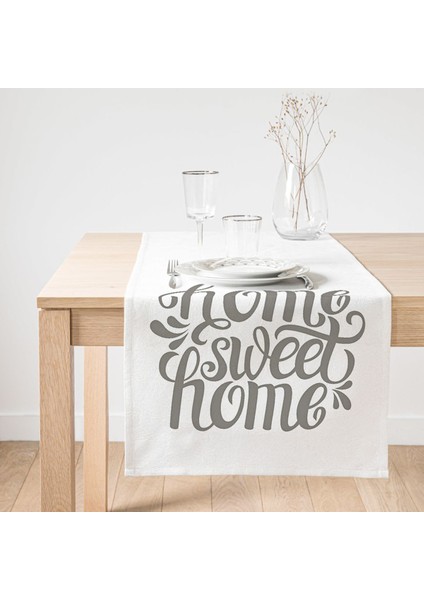 Gri Home Sweet Home Modern Baskılı Süet Runner