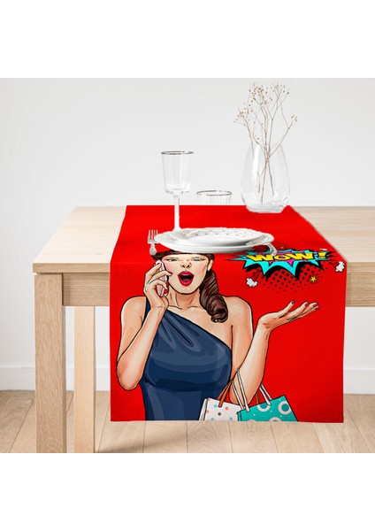 Kırmızı Zeminli Popart Wow Desenli Modern Özel Tasarım Süet Runner
