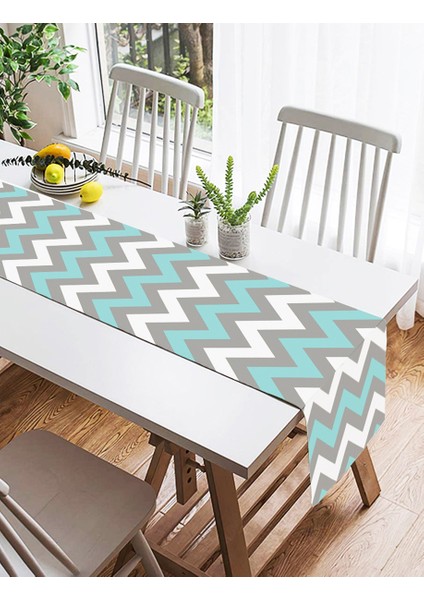 Gri Turkuaz Zigzag Desenli Dijital Baskılı Dekoratif Süet Runner