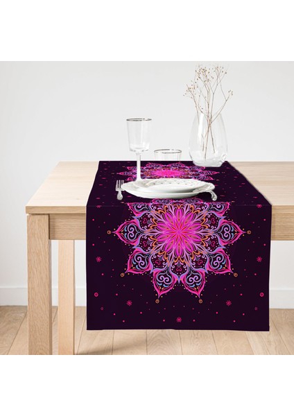 Siyah Zeminde Pembe Neon Mandala Desenli Dekoratif Süet Runner