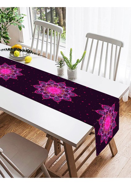 Siyah Zeminde Pembe Neon Mandala Desenli Dekoratif Süet Runner fiyatları